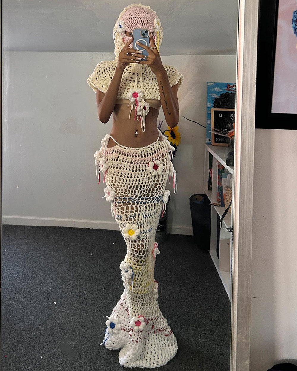 Hand-Crocheted Floral Top and Skirt Two-Piece Set