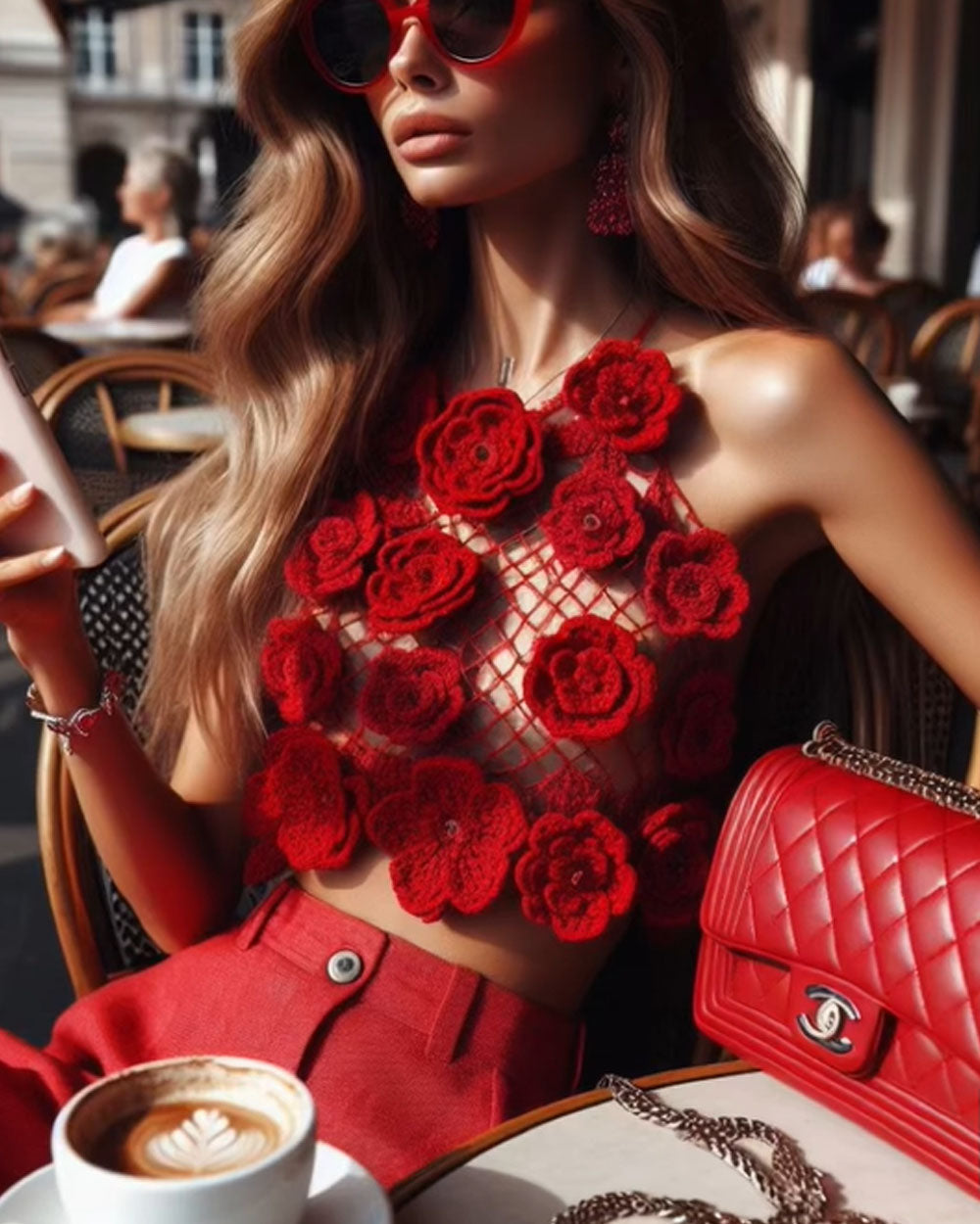 Red Crochet Floral Knitted Top