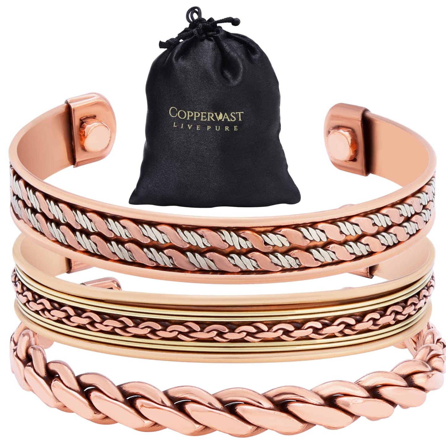 Coppervast Copper Bracelets- for Men and Women| Set of 3 with Gift Bag |Handmade 100% Copper (Inlay)|