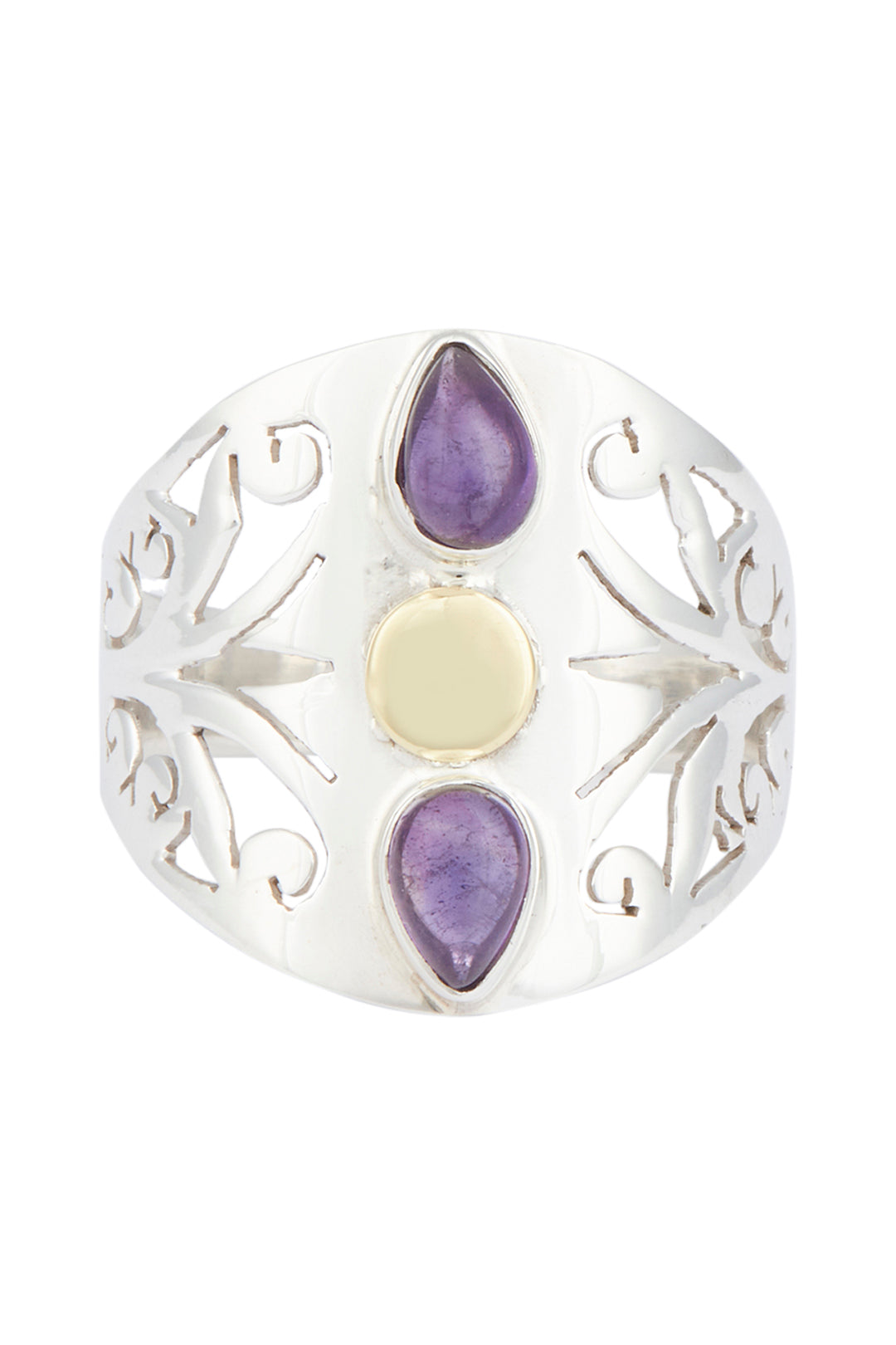 Filigree Cut Out Double Amethyst Teardrop Silver Ring
