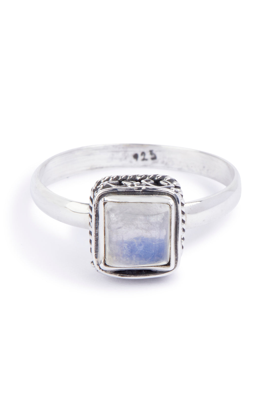 Moonstone Cushion Fine Swirl Setting Silver Ring