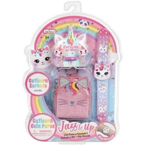 Hot Focus Caticorn Jazz It Up Earbuds w/Mic, Slap Bracelet & Pink Glitter Coin Purse Keychain Set