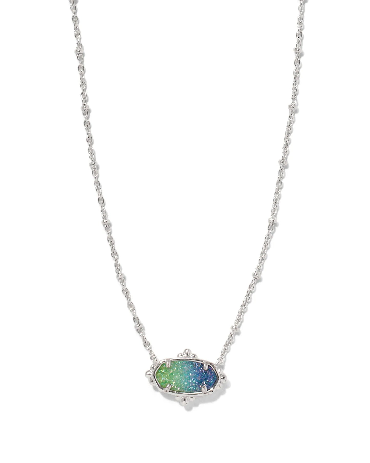 KENDRA SCOTT- Elisa Rhodium Petal Framed Short Pendant Necklace in Aqua Ombre Drusy