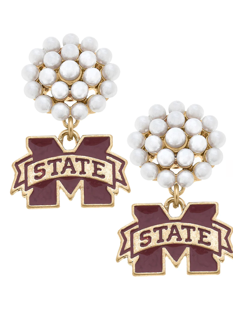 Mississippi State Pearl Cluster Drop Earrings
