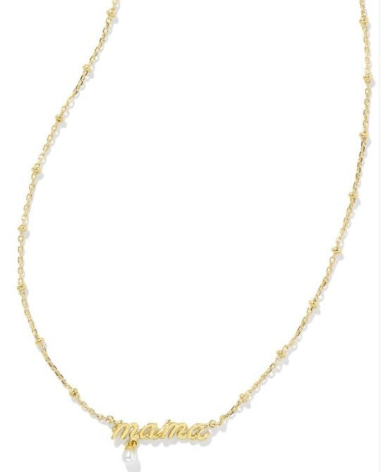 KENDRA SCOTT- Mama Gold Script Pendant Necklace in White Pearl