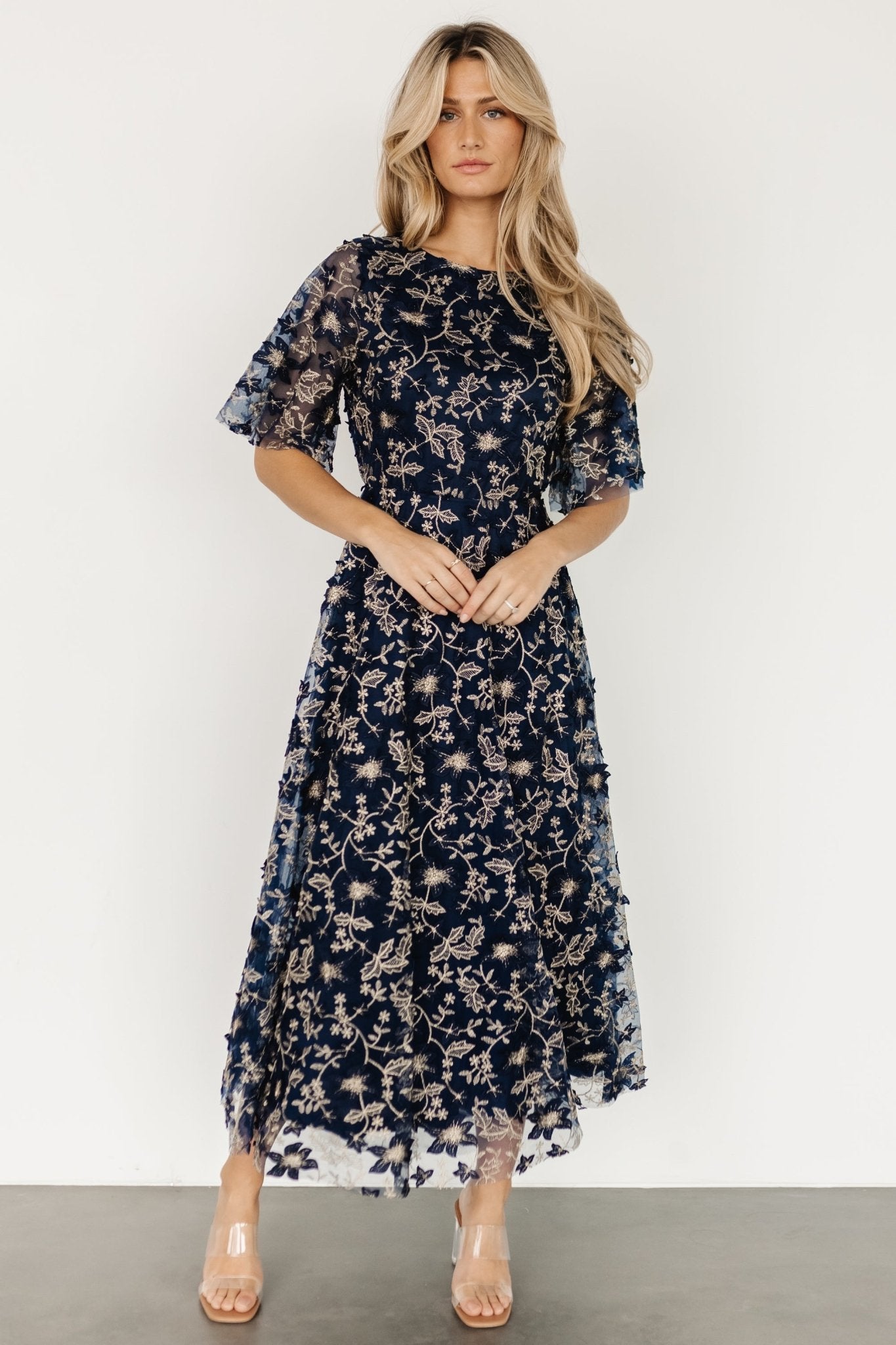 Arabella Embroidered Tulle Maxi Dress | Navy + Gold - Baltic Born