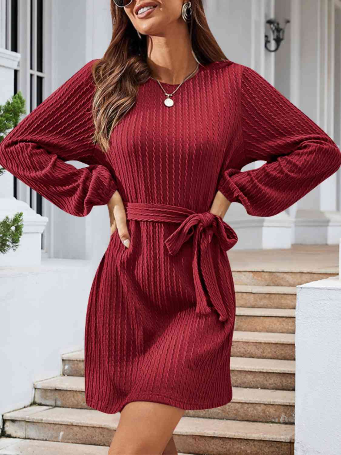Hazel Blues® | Round Neck Tie Front Long Sleeve Dress