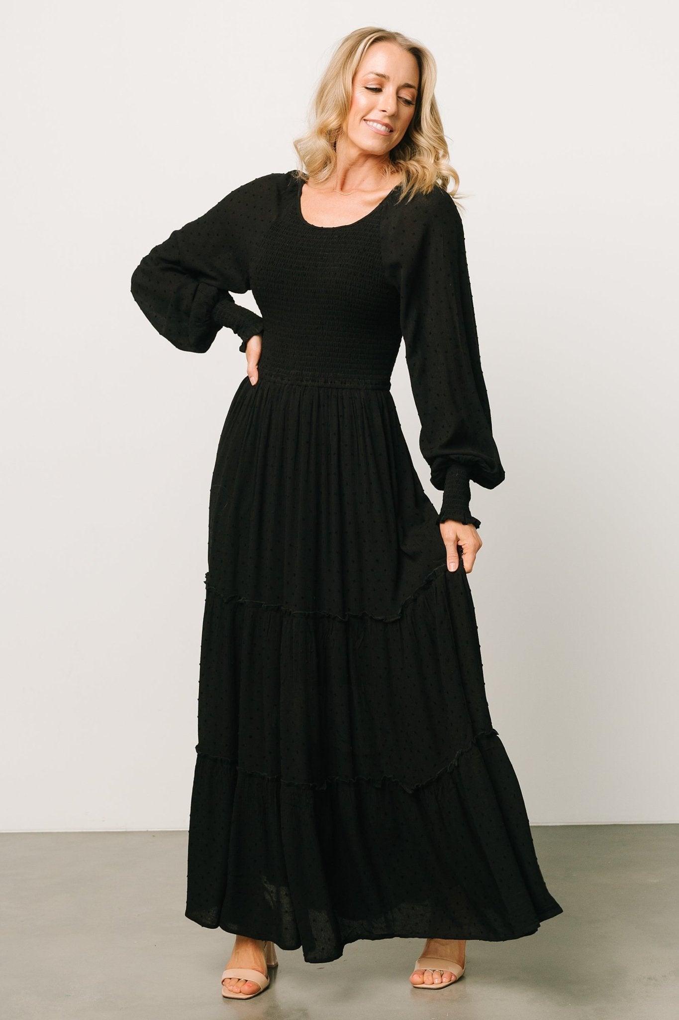 Bayley Smocked Dotted Maxi Dress | Black - Baltic Born