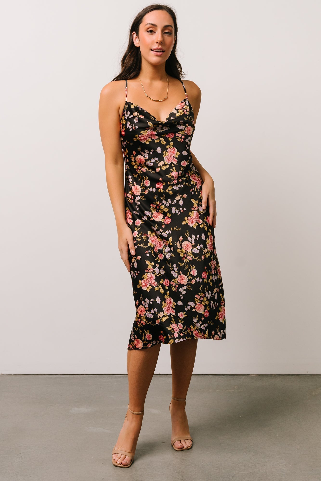 Belyn Satin Midi Dress | Black Rose Floral - Baltic Born