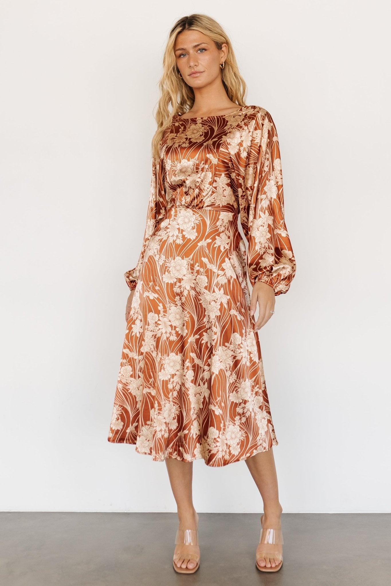 Beverly Satin Midi Dress | Rust Print - Baltic Born
