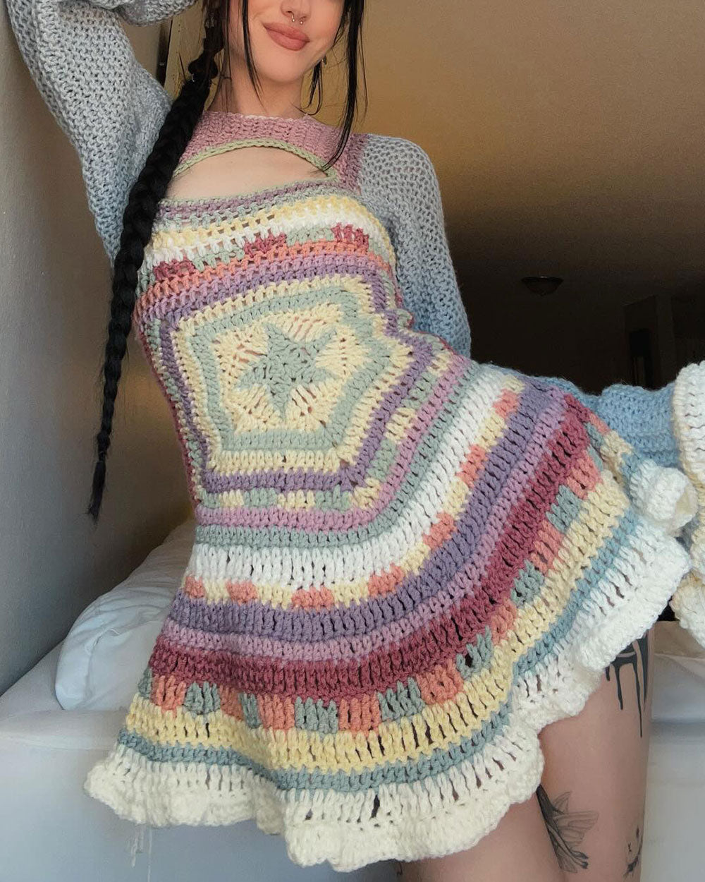 Sweet Star Crochet Knit Dress