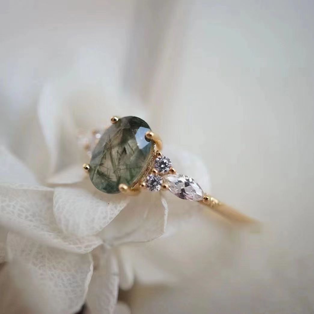 Green Quartz Rutilated Diamond Ring Copper Material