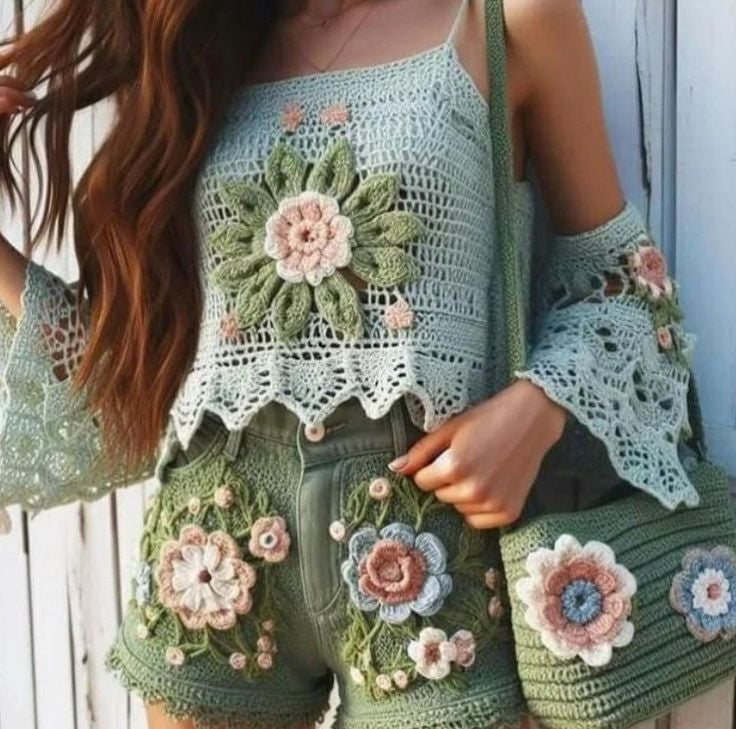 Pastoral Crochet Floral Top and Shorts Two-Piece Set