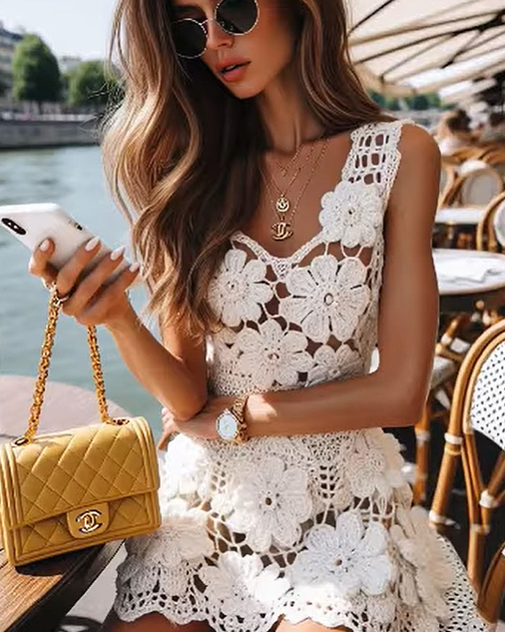 White Crochet Floral Knit Mini Dress