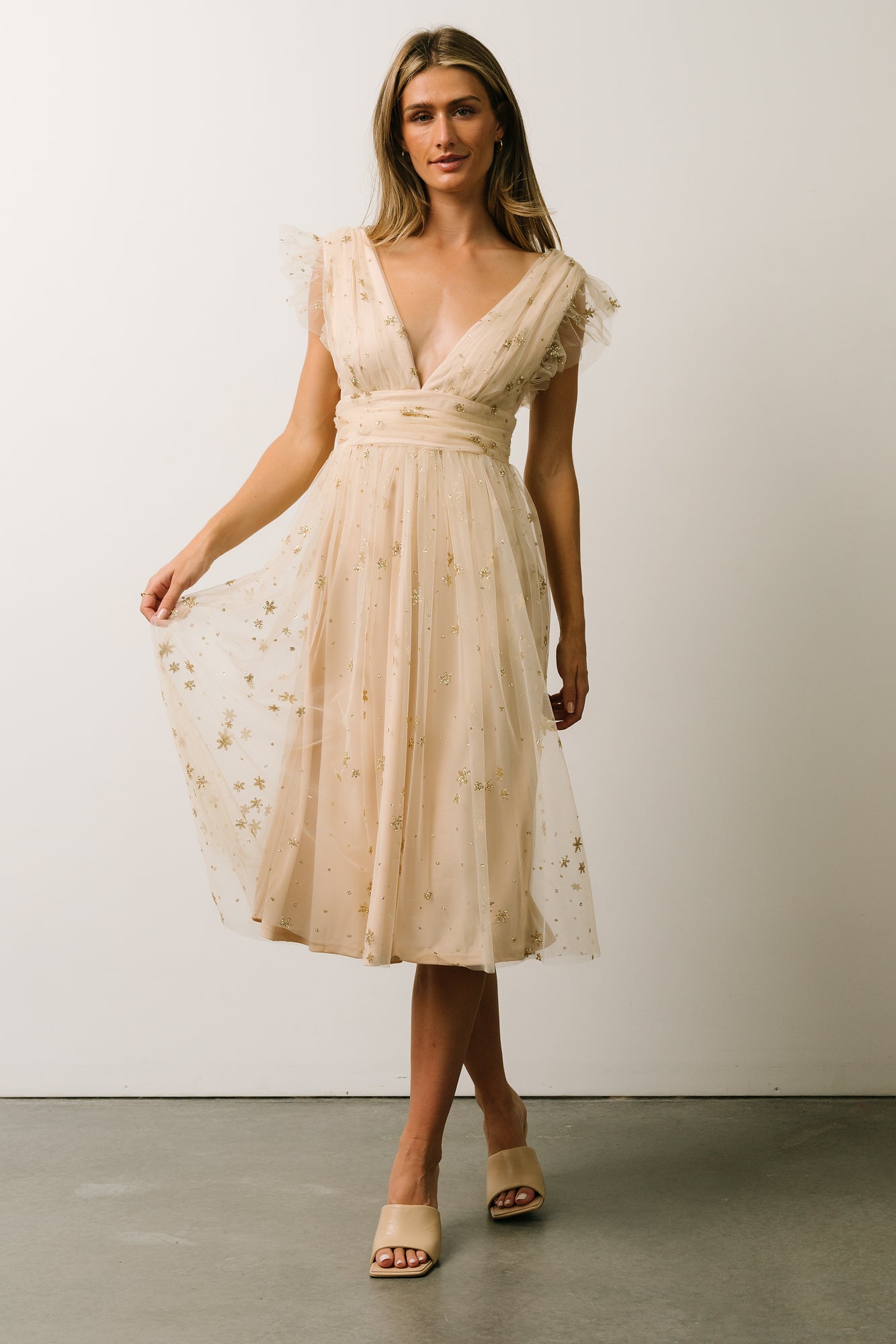 Chiara Shimmer Midi Dress | Gold - Baltic Born