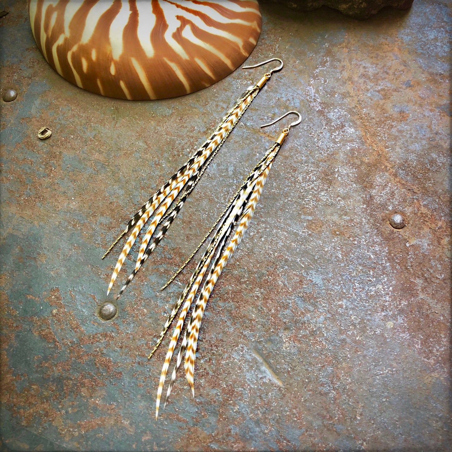 FREEBIRDS COLLECTION: Mini Feather Earrings - Grizzly/Ginger