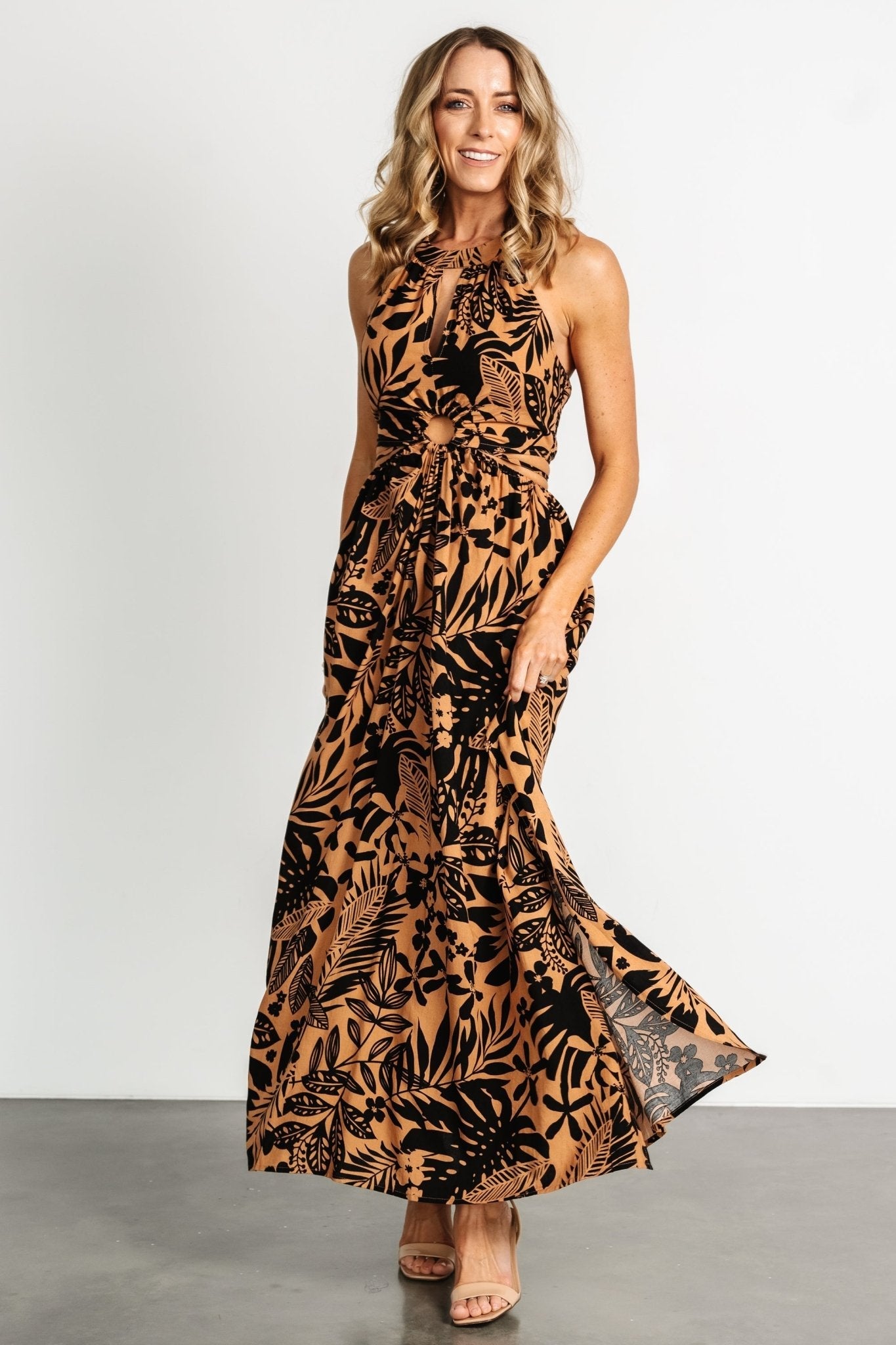 Denise Halter Maxi Dress | Camel + Black Print - Baltic Born