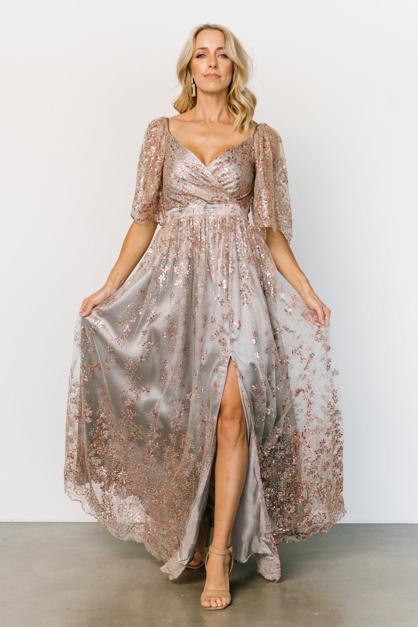 Genevieve Glitter Maxi Dress | Gray + Rose Gold - Baltic Born