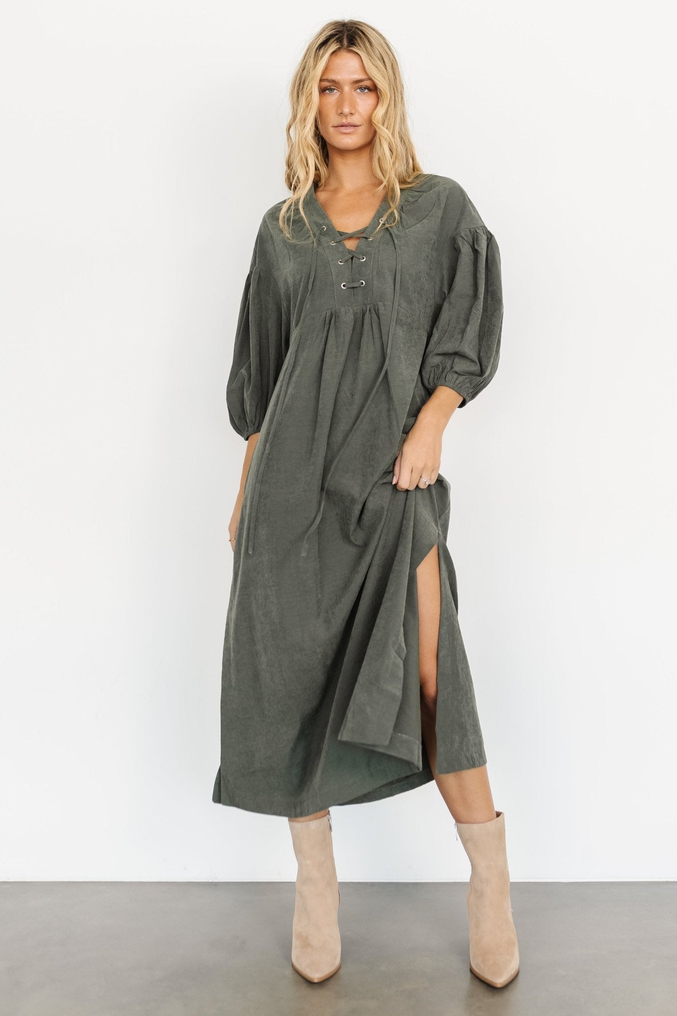 Jordyn Lace Up Dress | Olive - Baltic Born