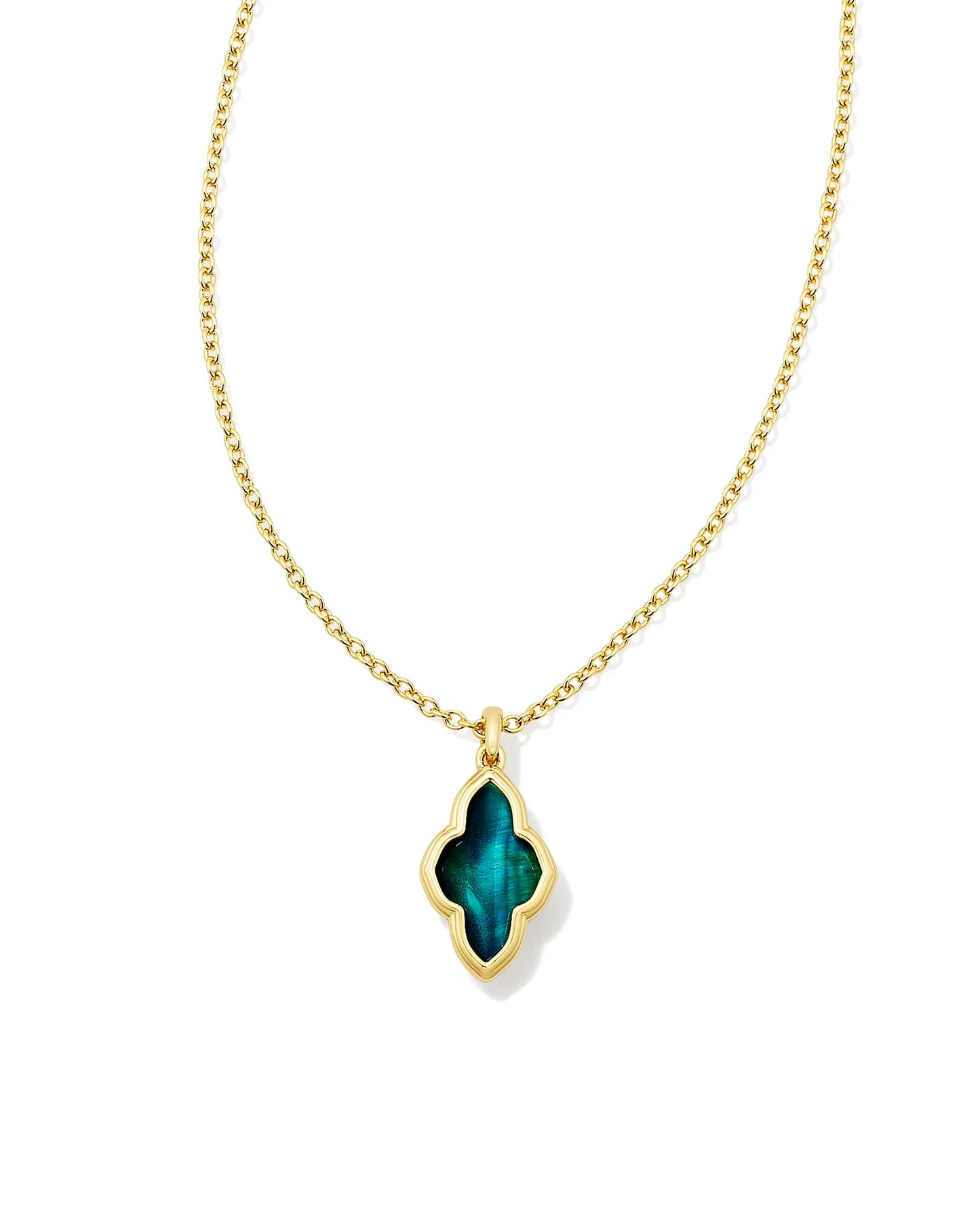 KENDRA SCOTT- Framed Abbie Gold Short Pendant Necklace in Teal Tigers Eye