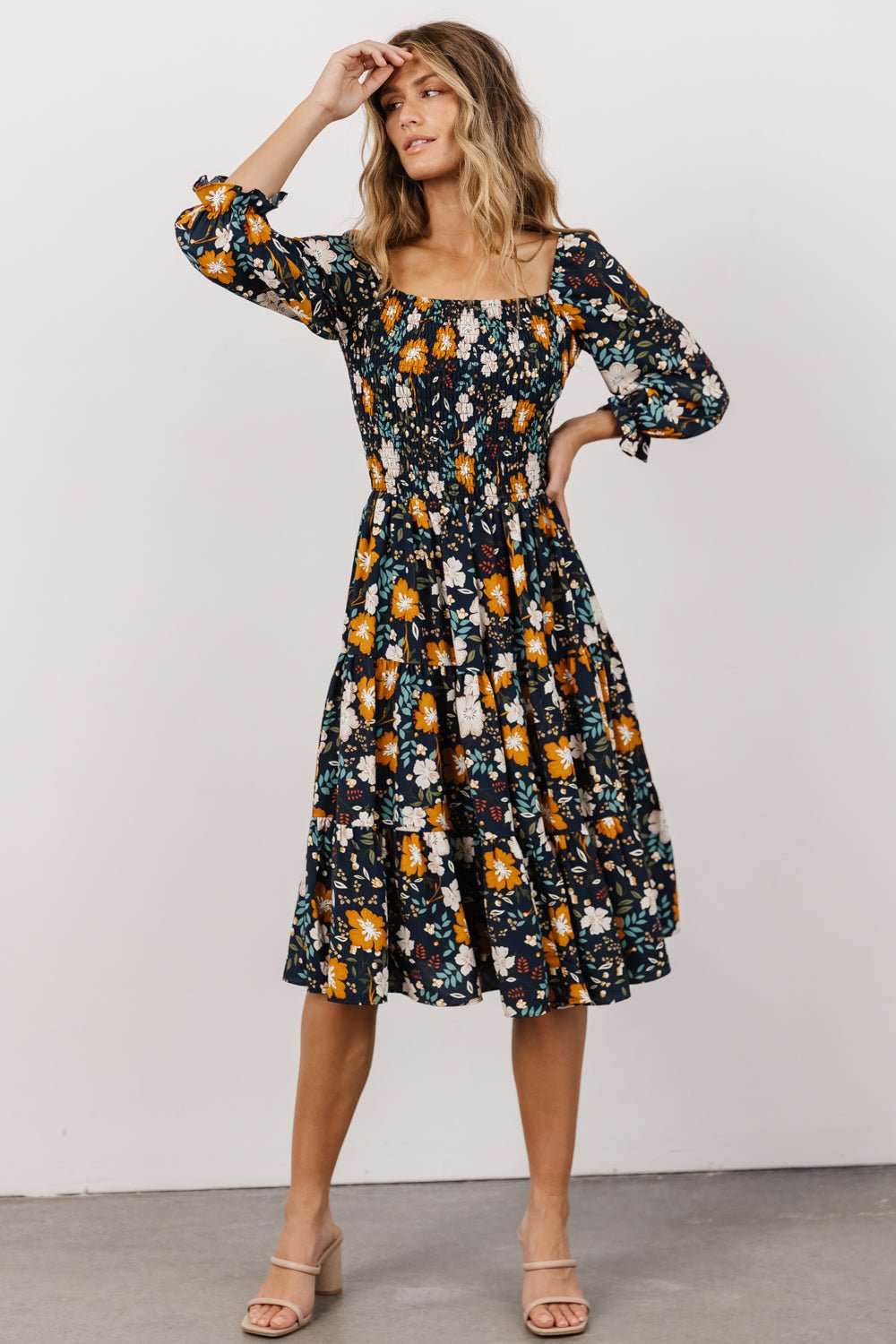 Marta Smocked Midi Dress | Dark Blue Vintage Floral - Baltic Born