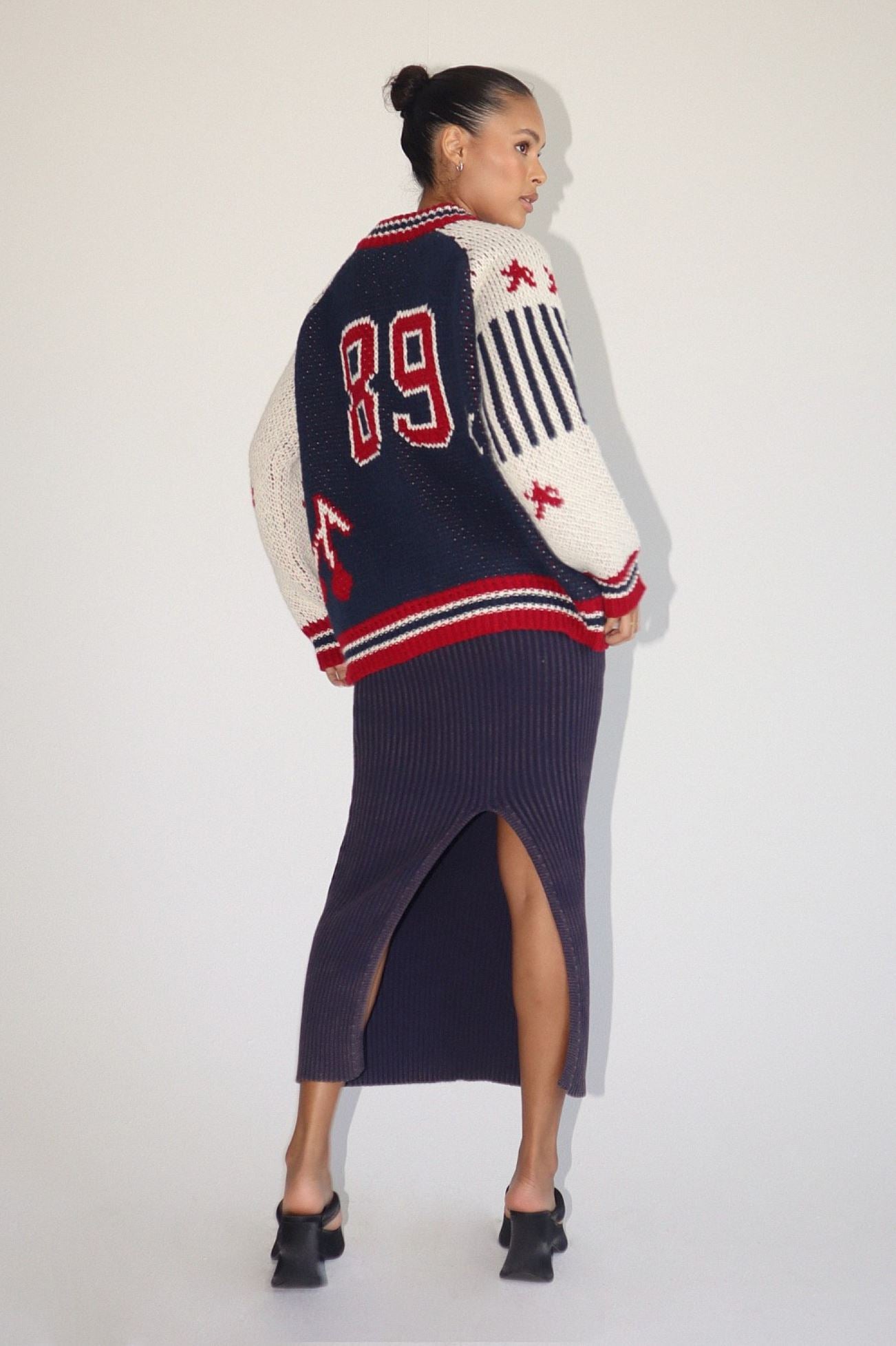 Navy Garment Ribbed Midi Skirt