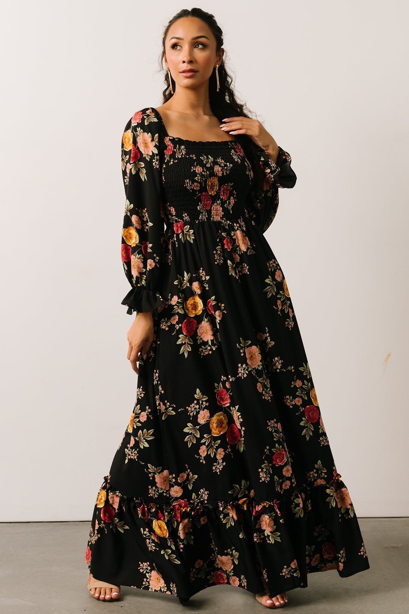Nina Smocked Maxi Dress | Black + Blush Floral - Baltic Born