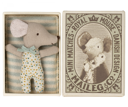 Maileg Sleepy Wakey Baby Mouse in Matchbox - Blue