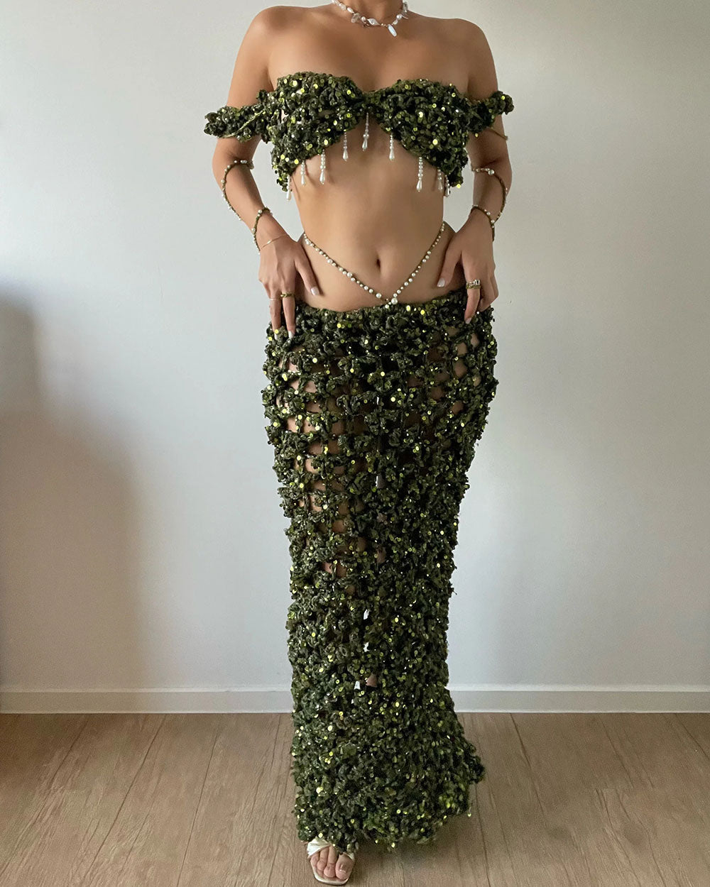 Resort Beaded Embellished Sequin Crocheted Top and Skirt Two-Piece Set