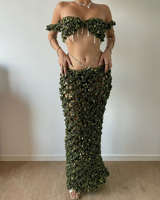 Resort Beaded Embellished Sequin Crocheted Top and Skirt Two-Piece Set