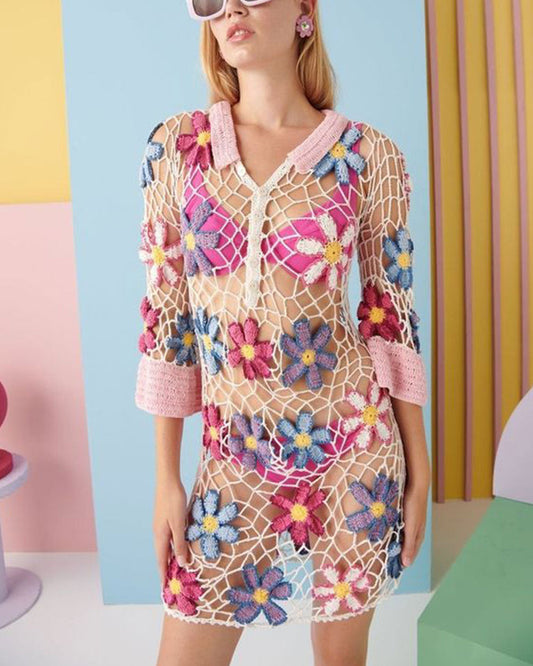 Romantic Crochet Floral Mini Shirt Dress