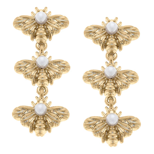 Martine Bee & Pearl Triple Drop Earrings in Worn Gold