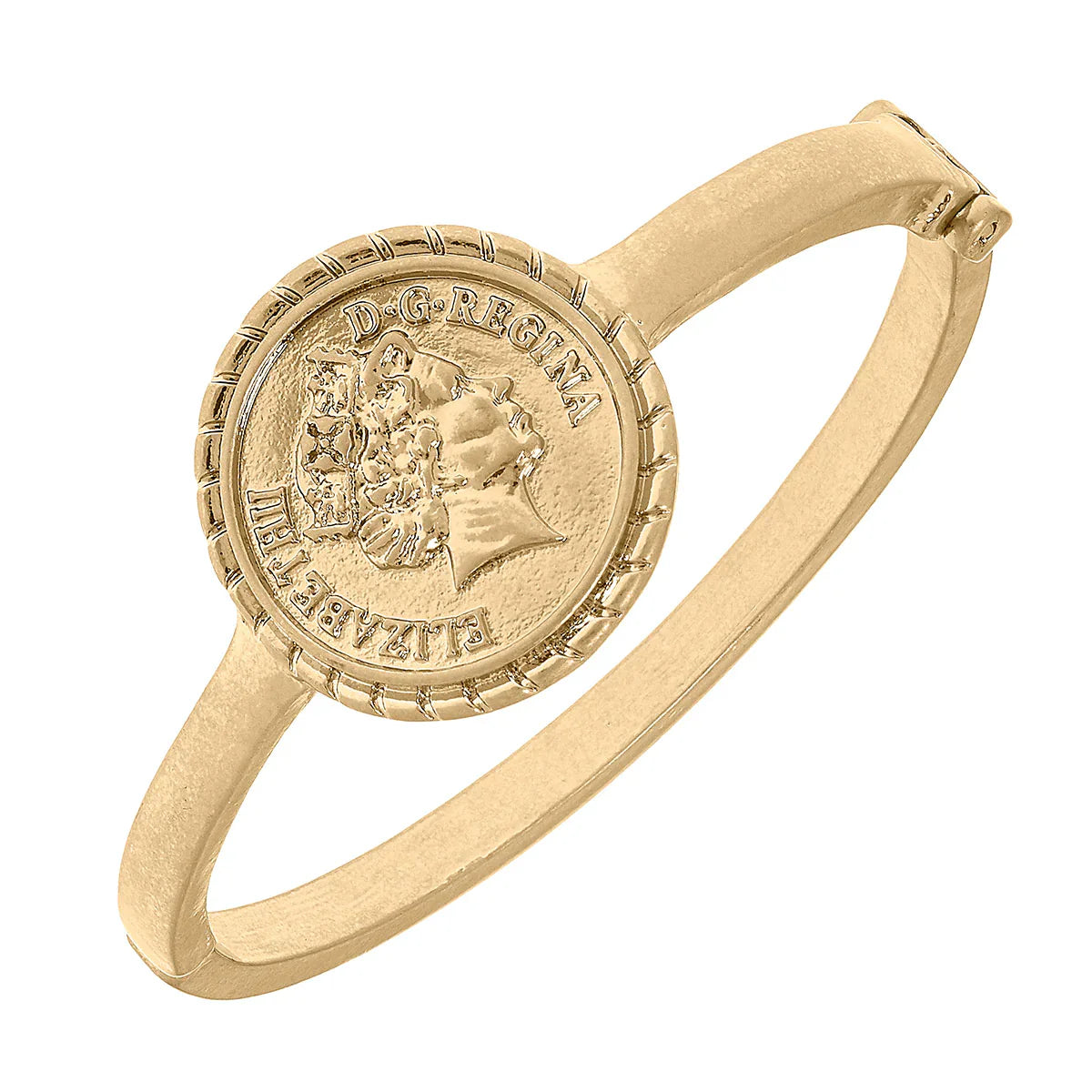 Queen Elizabeth Coin Hinge Bangle in Worn Gold
