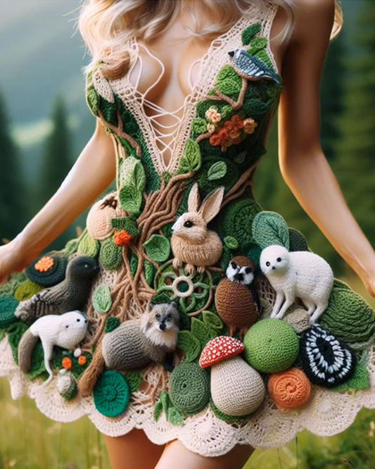 Retro Forest Nature Animal Crochet Dress