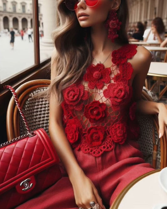 Red Crochet Floral Knitted Top