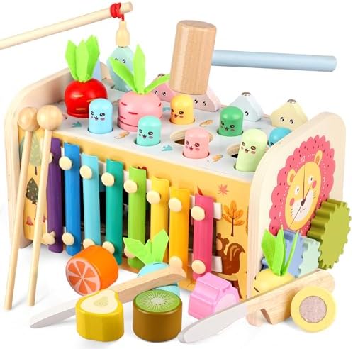Lterfear 9 in 1 Montessori Toys for 1 Year Old, Wooden Hammering Pounding Toy Whack A Mole Game for Toddlers with Xylophone Toddler Activities for Baby 1 2 3 Year Old Girl Boy Birthday Gift