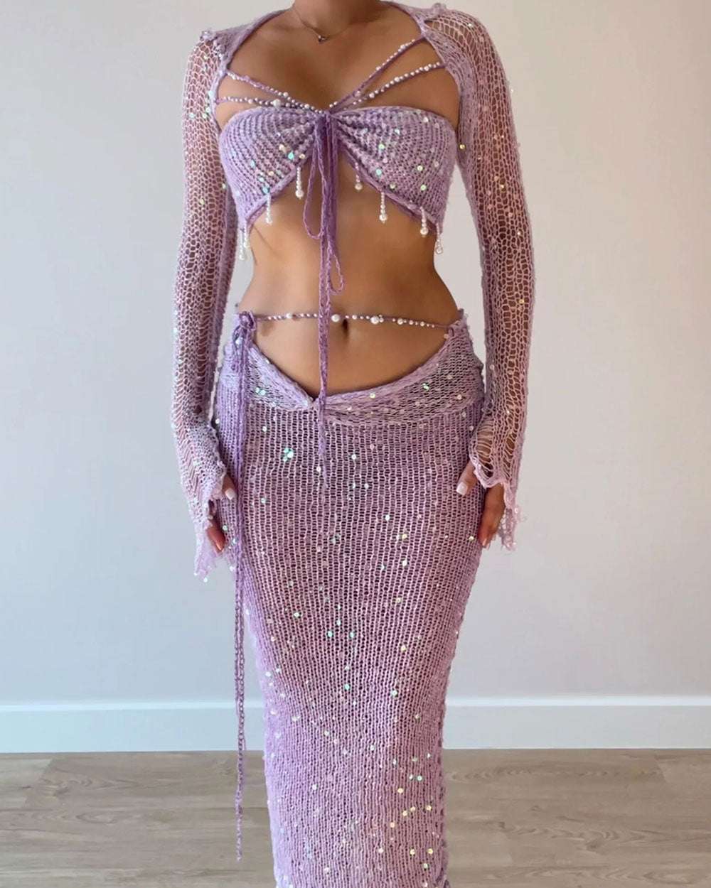 Butterfly Beads Sequin Top and Skirt Two-Piece Set