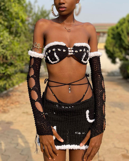 Sexy Beach Vacation Crochet Top and Mini Skirt Two-Piece Set