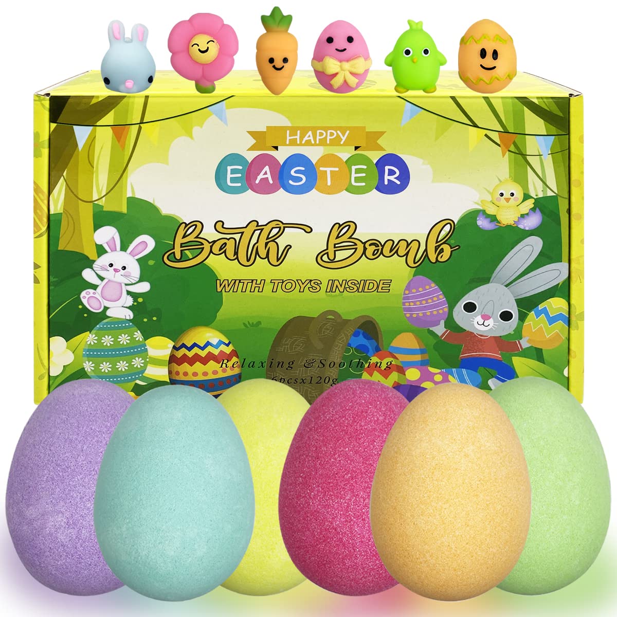6 Pack Easter Bubble Bath Bombs with Easter Squishy Toys Inside