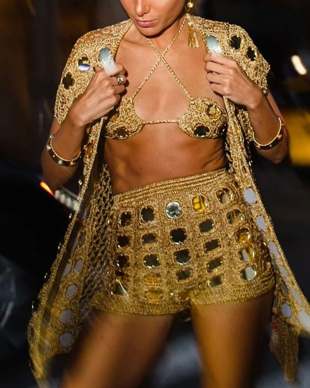 Bohemian Crocheted Mirrored Sequin Cardigan & Camisole Three-Piece Shorts Set
