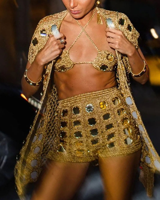 Bohemian Crocheted Mirrored Sequin Cardigan & Camisole Three-Piece Shorts Set