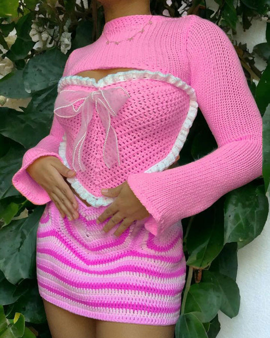 Pink Love Bow Crocheted Top and Mini Skirt Two-Piece Set