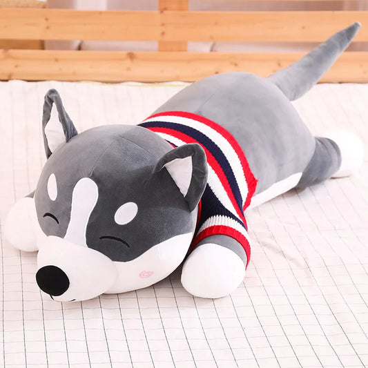 Funny Dressed Husky Pillow 80/100cm Stuffed Doll Stripe Sweater Soft Husky Lying Plush Toy Cute Dog Animals Kids Birthday Gift ShopOnlyDeal