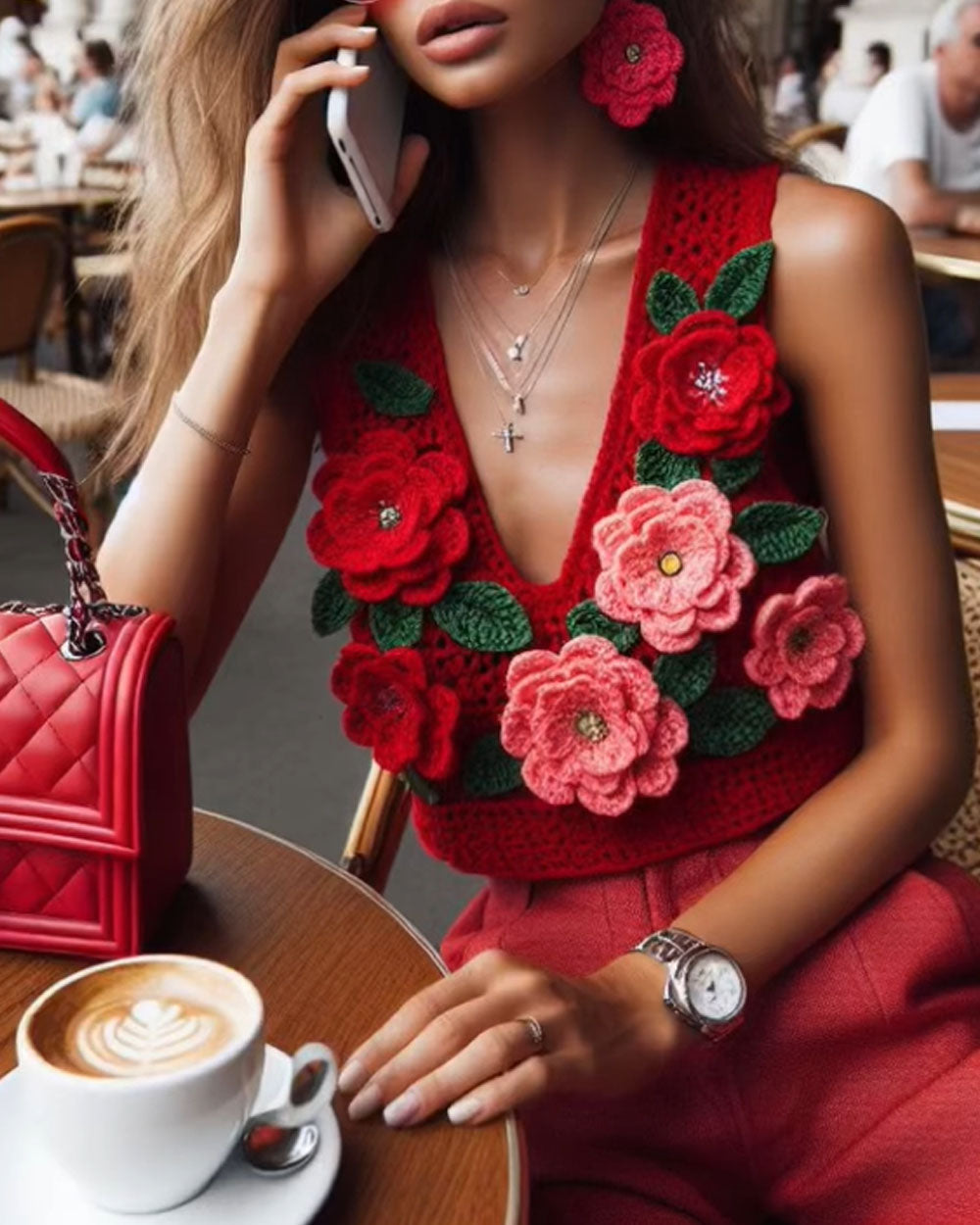 Red Crochet Floral Knitted Vest Top