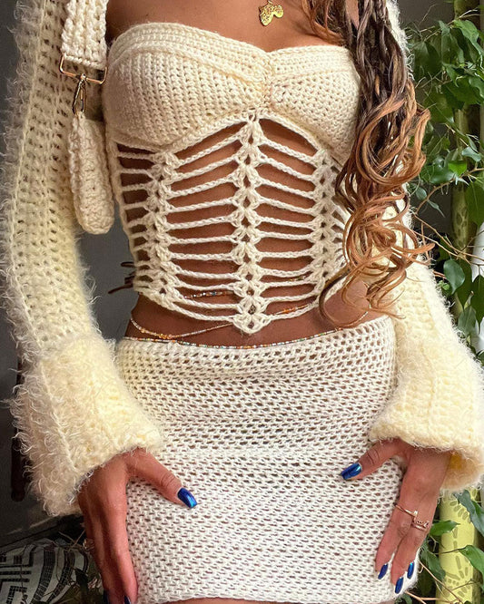 Stylish Crocheted Top and Skirt Two-Piece Set