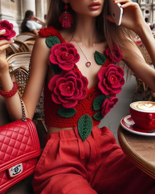 Red Crochet Floral Knitted Vest Top