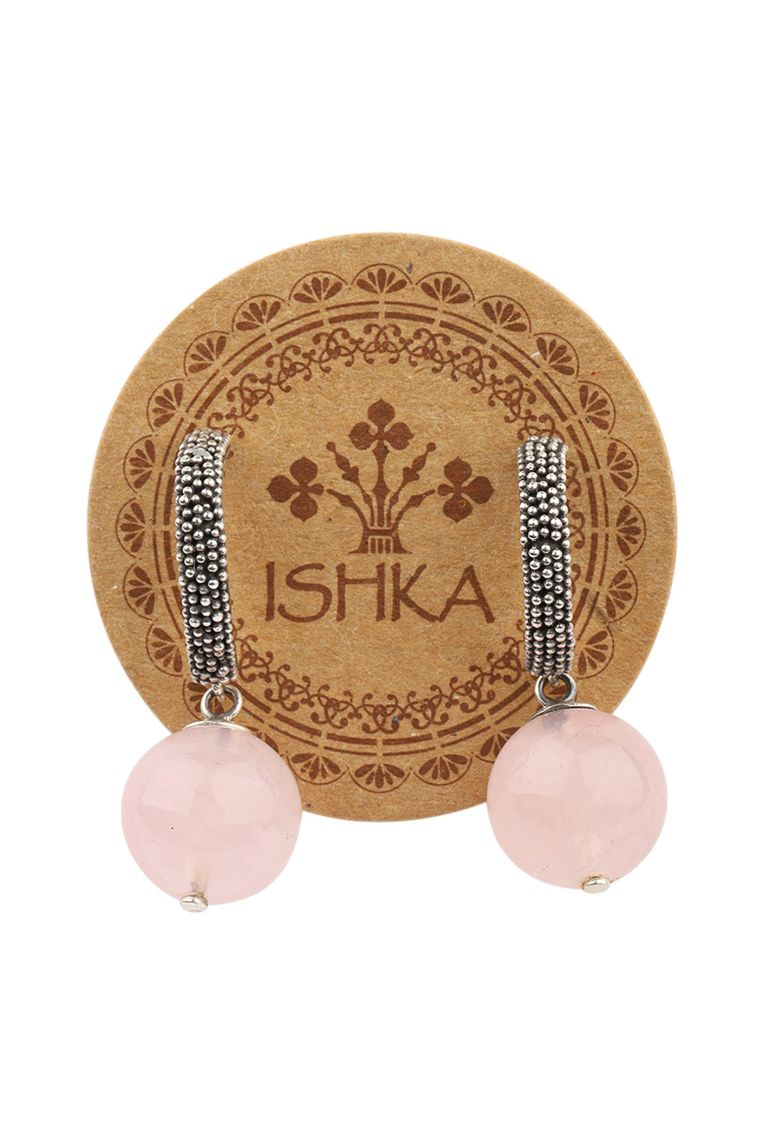 Rose Quartz Bead Half Hoop Silver Earrings