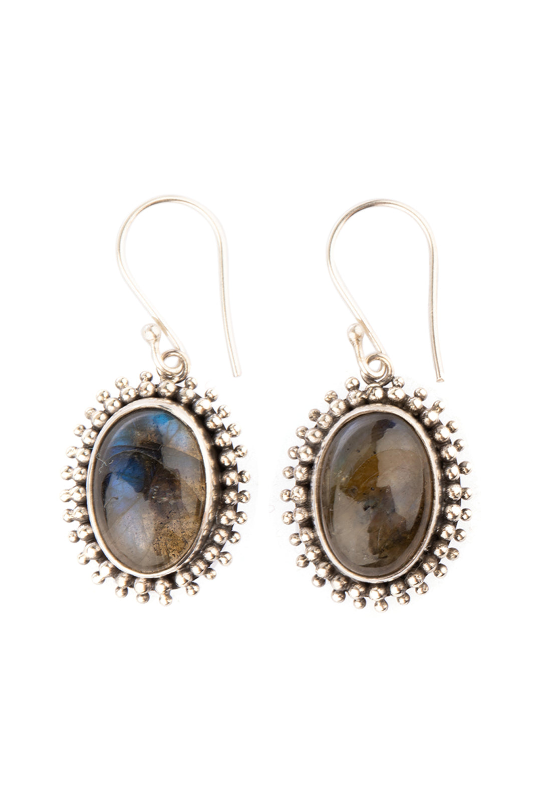 Oval Labradorite Droplet Dot Silver Earrings