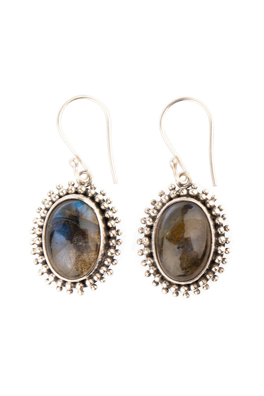Oval Labradorite Droplet Dot Silver Earrings
