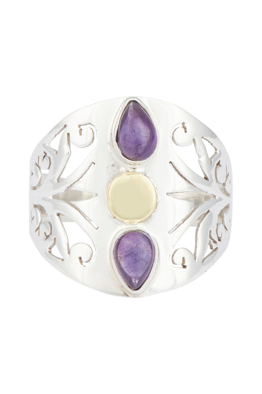 Filigree Cut Out Double Amethyst Teardrop Silver Ring